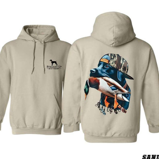 Straight Up Southern Hoodie - Bold Black Hunting Dog With Duck Graphics