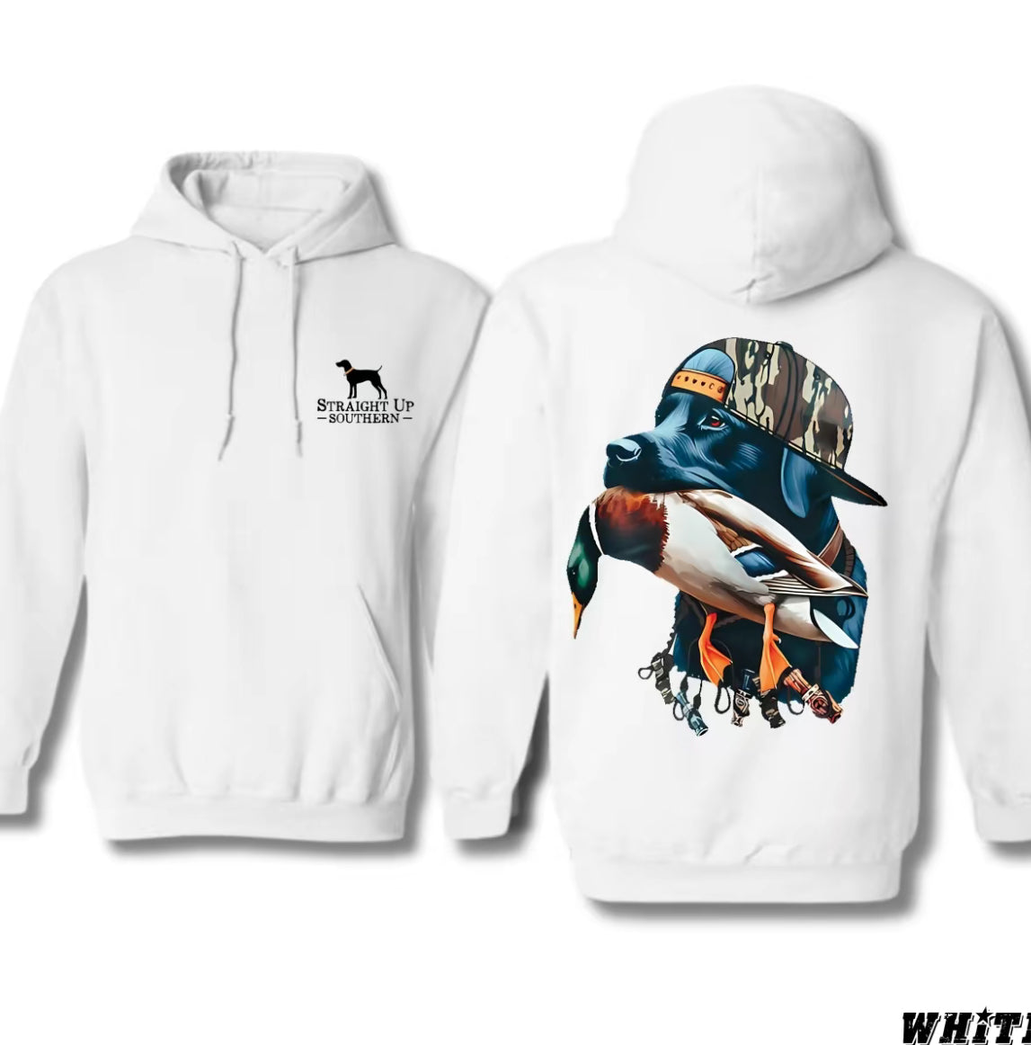 Straight Up Southern Hoodie - Bold Black Hunting Dog With Duck Graphics