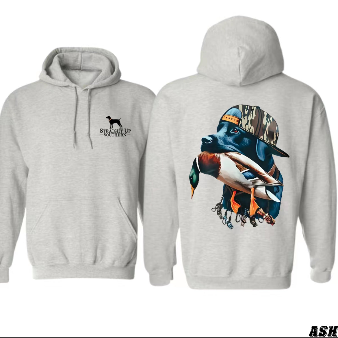 Straight Up Southern Hoodie - Bold Black Hunting Dog With Duck Graphics