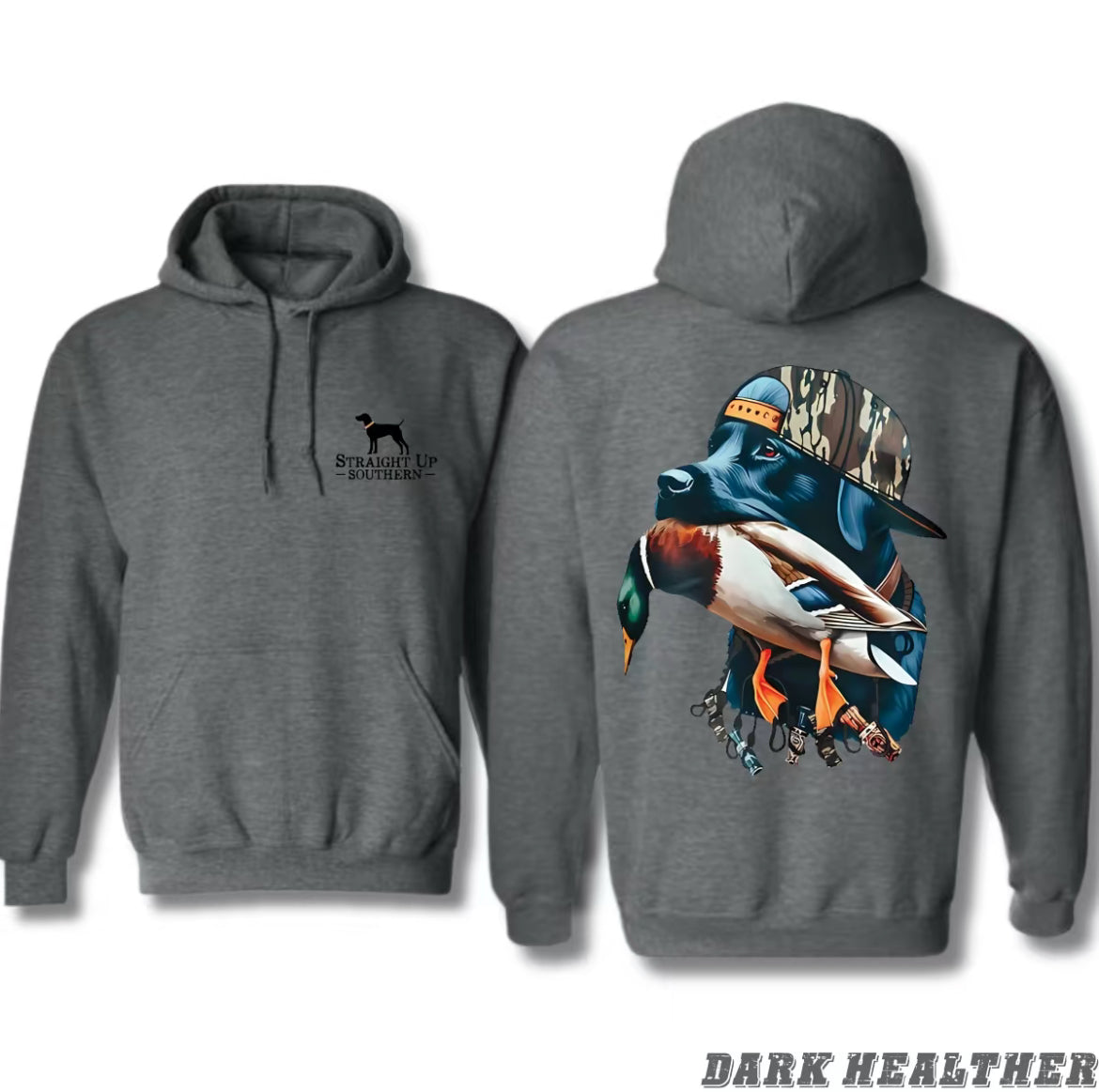 Straight Up Southern Hoodie - Bold Black Hunting Dog With Duck Graphics